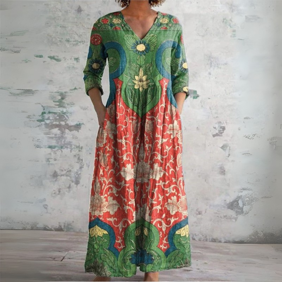 Women's Boho Floral Maxi Dress Ethnic Print V-Neck Long Sleeve Casual – Lolly