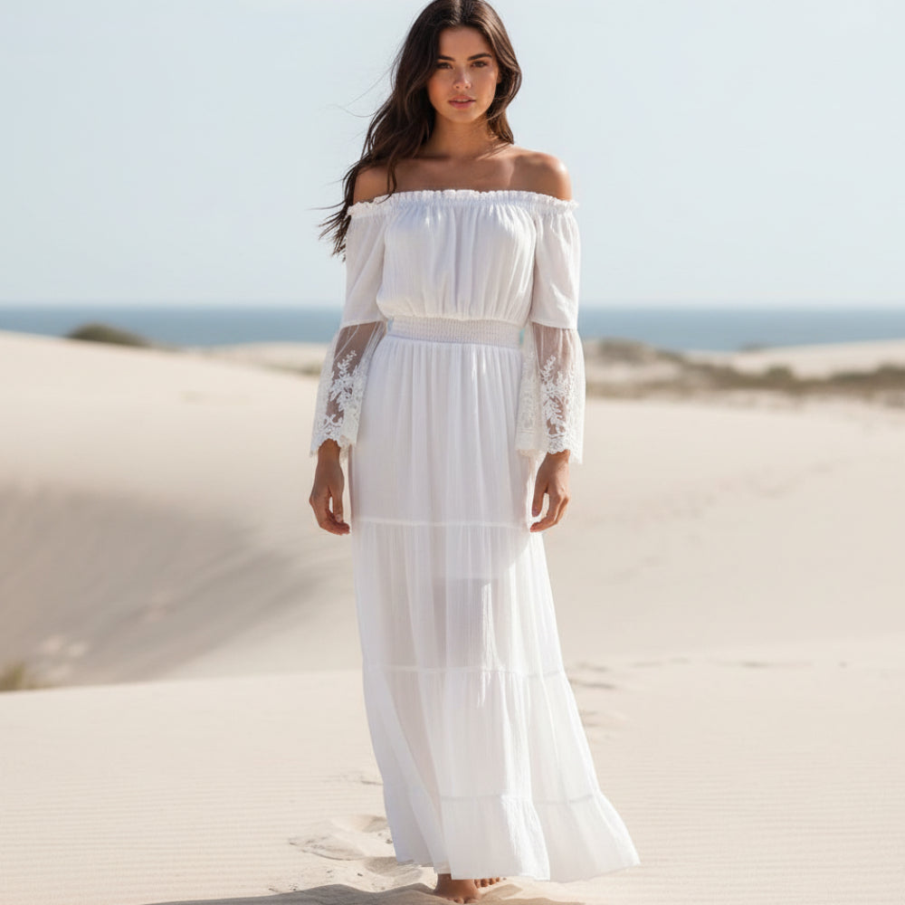 Women's Boho Lace Off-Shoulder Long Dress Long Sleeve Flared Beach Sum – Lolly