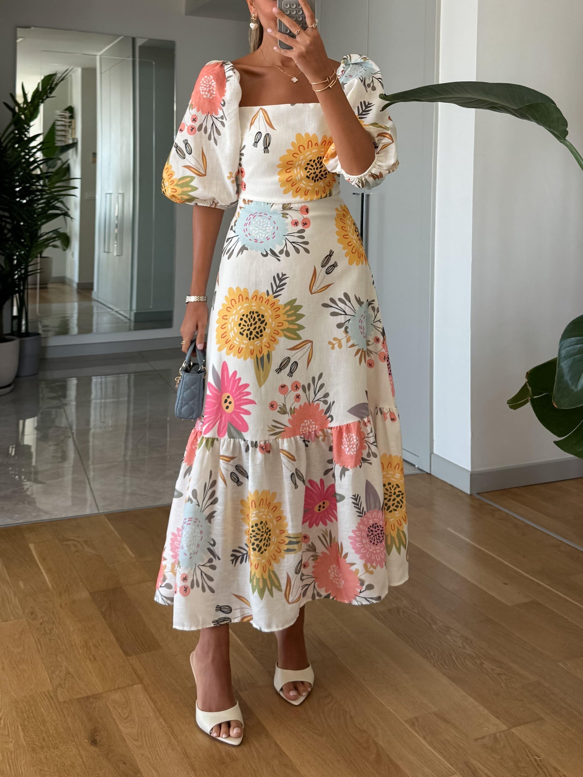 Women's Floral Puff Sleeve Midi Dress Square Neckline Fitted Bodice Ti – Lolly