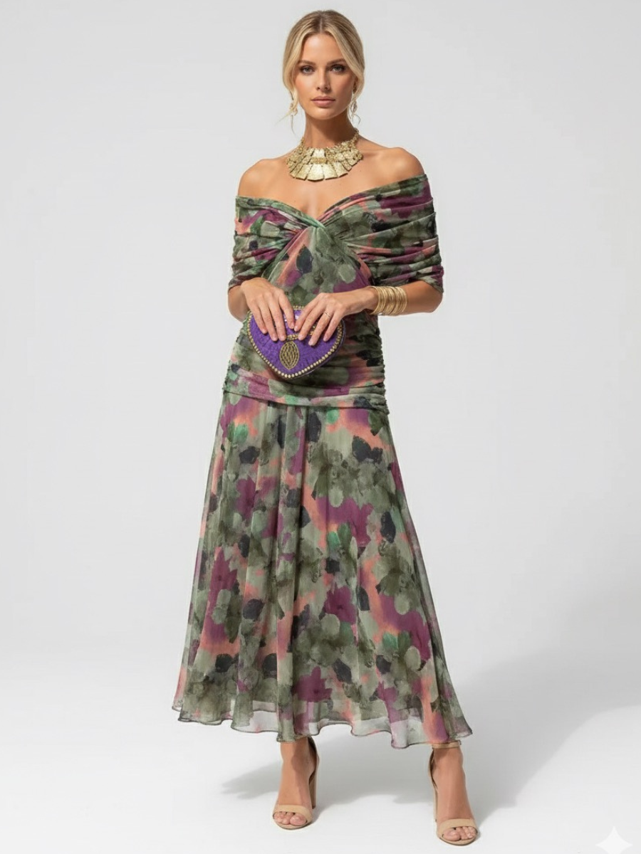 Women's Flowing Floral Long Dress Off-Shoulder V-Neck Formal Elegant W – Lolly