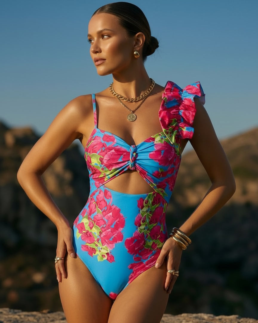 Women's Laser Cut Flower Hollow One-Piece Swimsuit with Cover Up Skirt V-Neck Elegant Beach Summer Swimwear – Navy Blue - Lolly 