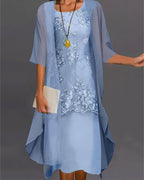 Women's Midi Two-Piece Chiffon Dress Wedding Guest Round Neck Lace Overlay - Niya