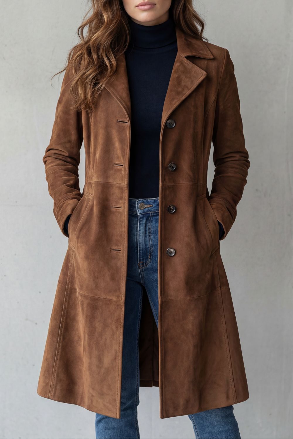 Close-up front view of a woman wearing a tan brown longline button-front coat with notched lapel and side pockets