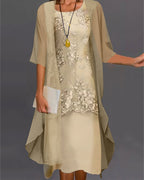 Women's Midi Two-Piece Chiffon Dress Wedding Guest Round Neck Lace Overlay - Niya