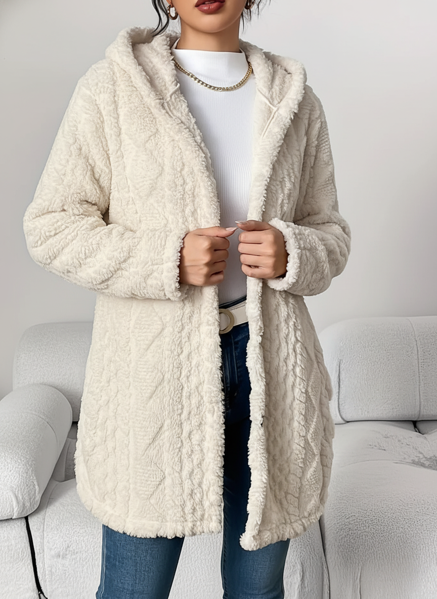 Cardigan with Hood – Textured Fleece-Like Open-Front Coat
