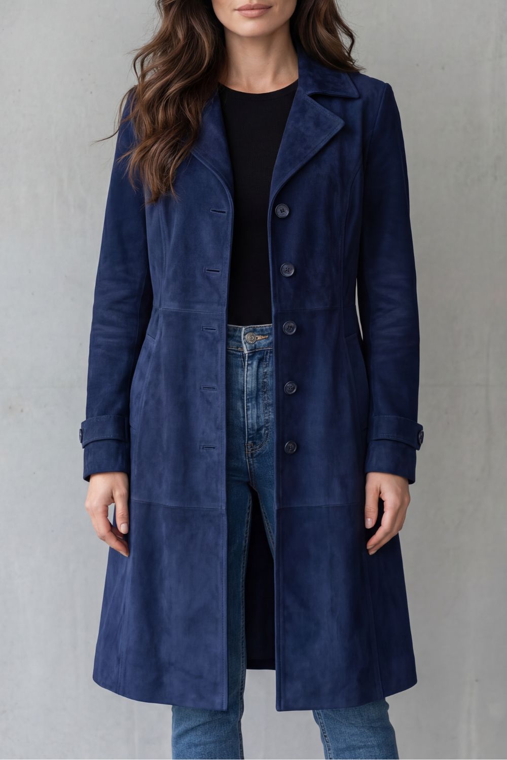 Long Coat Women – Tailored Longline Button-Front with Suede-Like Finish
