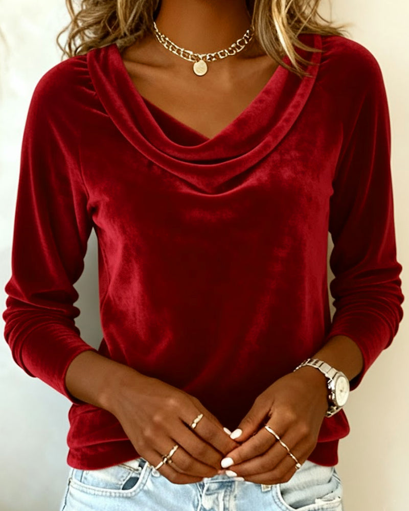 Women's Velvet Cowl Neck Long Sleeve Top Casual Elegant Everyday Work Party Holiday Festive Soft – Veloria
