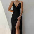 Women's Maxi Dress Evening Spaghetti Strap V-Neckline Side Slit Black