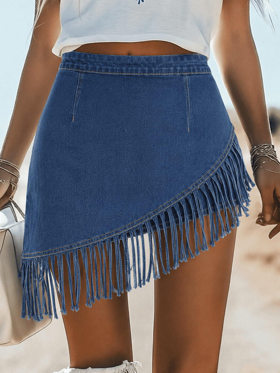 Women's Vintage Washed Denim Fringe Tassel Mini Short Skirt Raw Edge High Waist Slim Fit Casual Summer