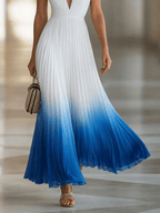Women's Elegant Pleated Long Dress Chiffon V-Neck Wedding Guest Formal Party Summer Dress – Blue Gradient White