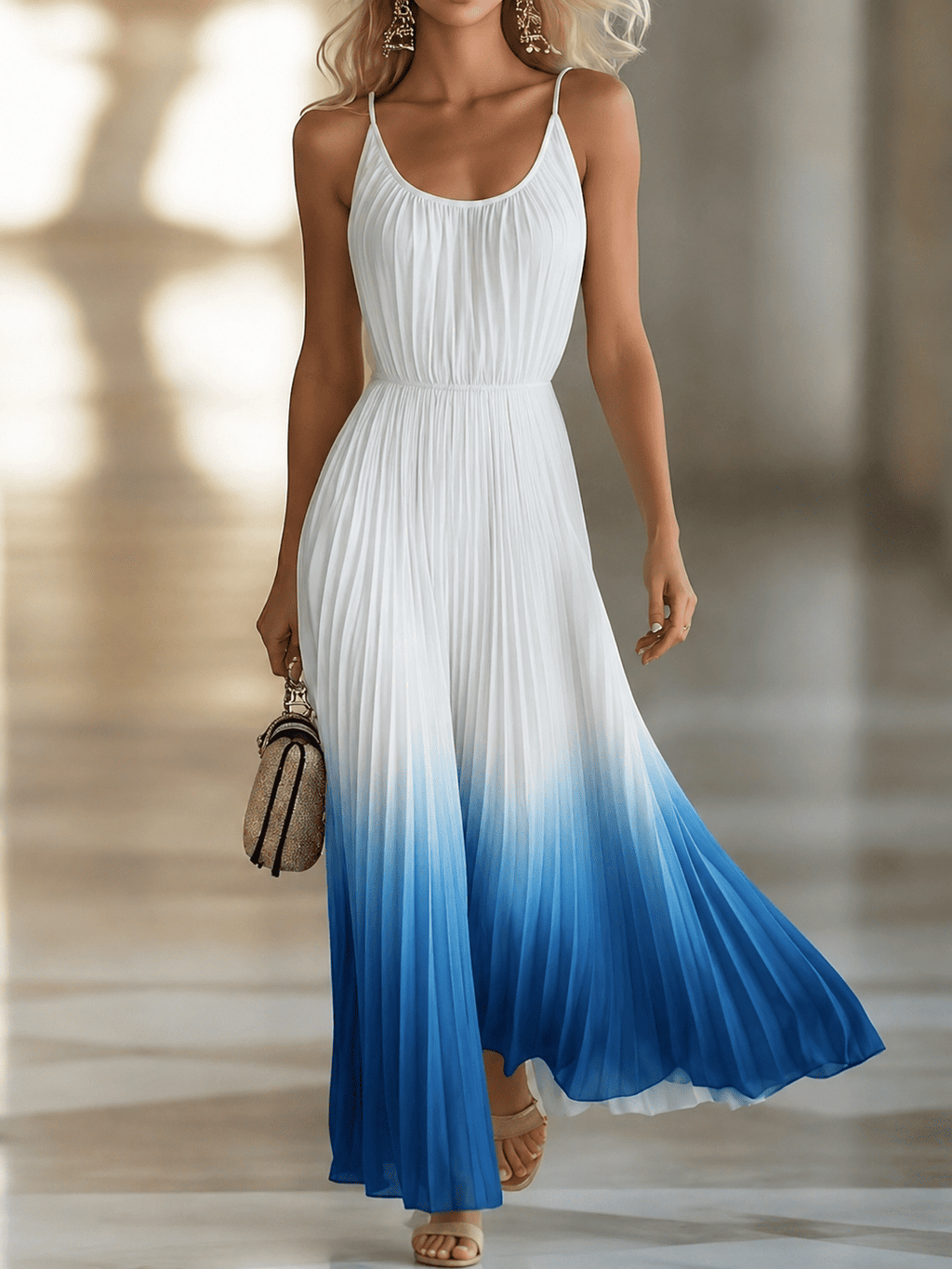 Women's Elegant Pleated Long Dress Chiffon V-Neck Wedding Guest Formal Party Summer Dress – Blue Gradient White