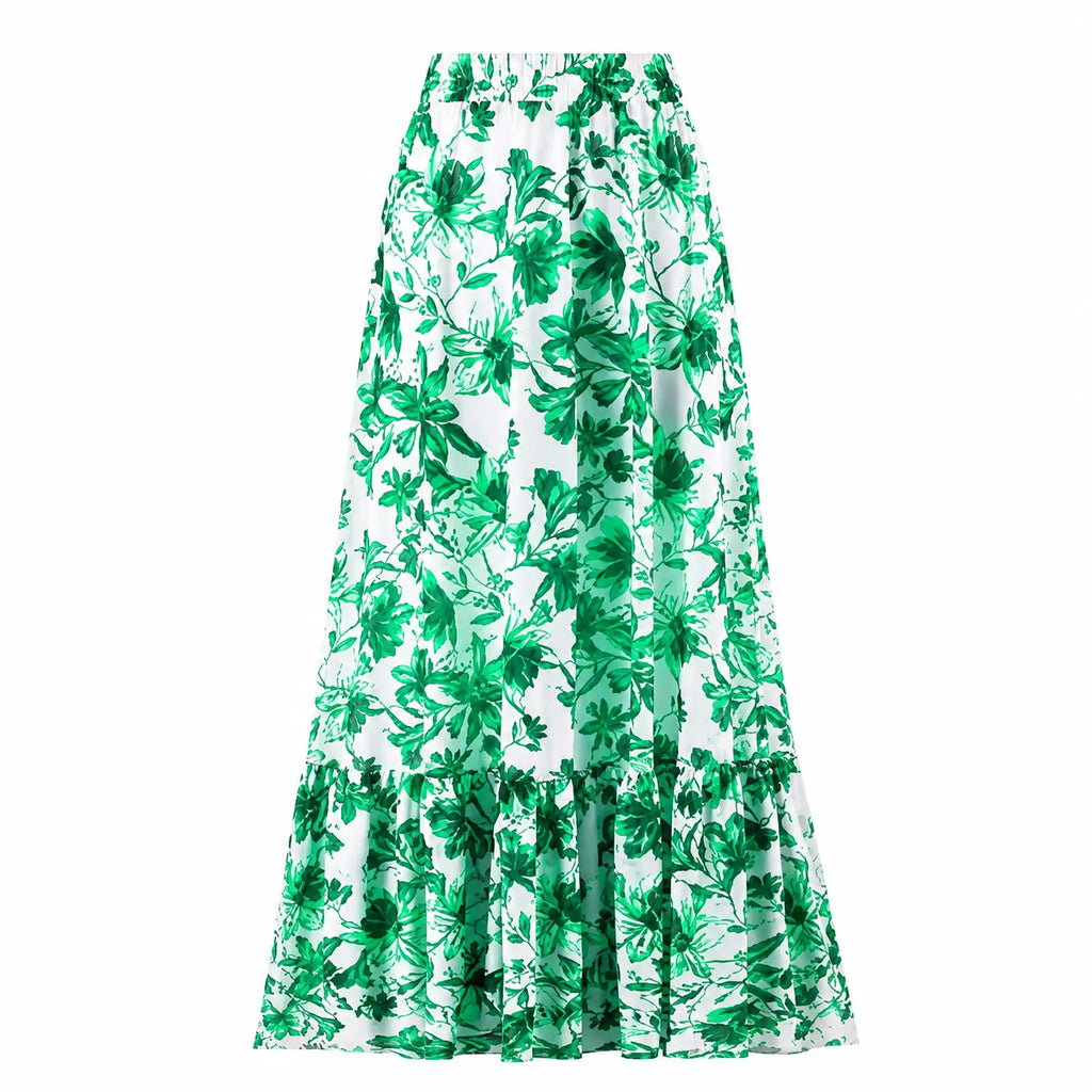 Women's V-Neck Lace-Up Printed One-Piece Swimsuit & Long Skirt Set Casual Beach Vacation Summer Resort Cover-Up – Green Floral