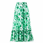 Women's V-Neck Lace-Up Printed One-Piece Swimsuit & Long Skirt Set Casual Beach Vacation Summer Resort Cover-Up – Green Floral