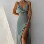 Women's Maxi Dress Evening Spaghetti Strap V-Neckline Side Slit Black