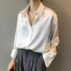 Women's Long Sleeve Button Down Satin Blouse Structured Collar Silky Elegant Work Evening – Stella - Lolly 