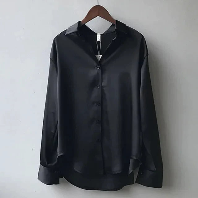 Women's Long Sleeve Button Down Satin Blouse Structured Collar Silky Elegant Work Evening – Stella - Lolly 
