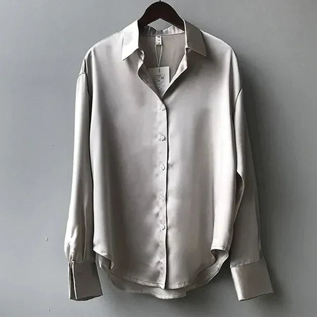 Women's Long Sleeve Button Down Satin Blouse Structured Collar Silky Elegant Work Evening – Stella - Lolly 