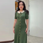 Women's Knit Button-Front Midi Dress Short Sleeve Polo Collar Slim Fit Elegant Casual Work Office Everyday Autumn – Colette
