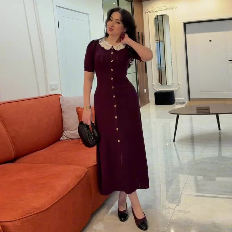 Women's Knit Button-Front Midi Dress Short Sleeve Polo Collar Slim Fit Elegant Casual Work Office Everyday Autumn – Colette