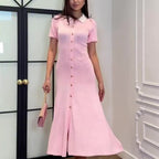 Women's Knit Button-Front Midi Dress Short Sleeve Polo Collar Slim Fit Elegant Casual Work Office Everyday Autumn – Colette