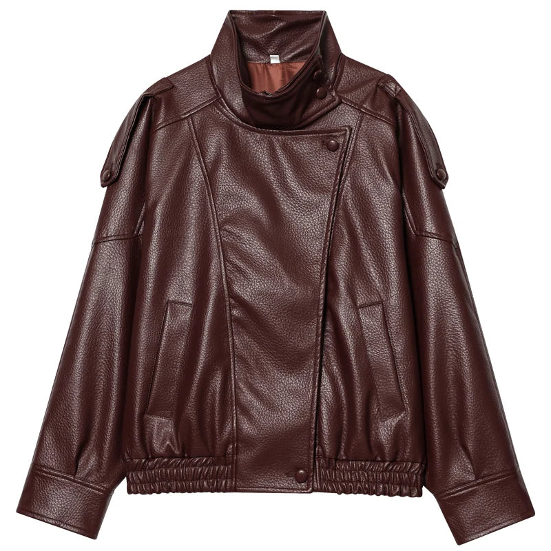 Oversized Cropped Moto Jackets for Women – Stand Collar with Elasticated Hem