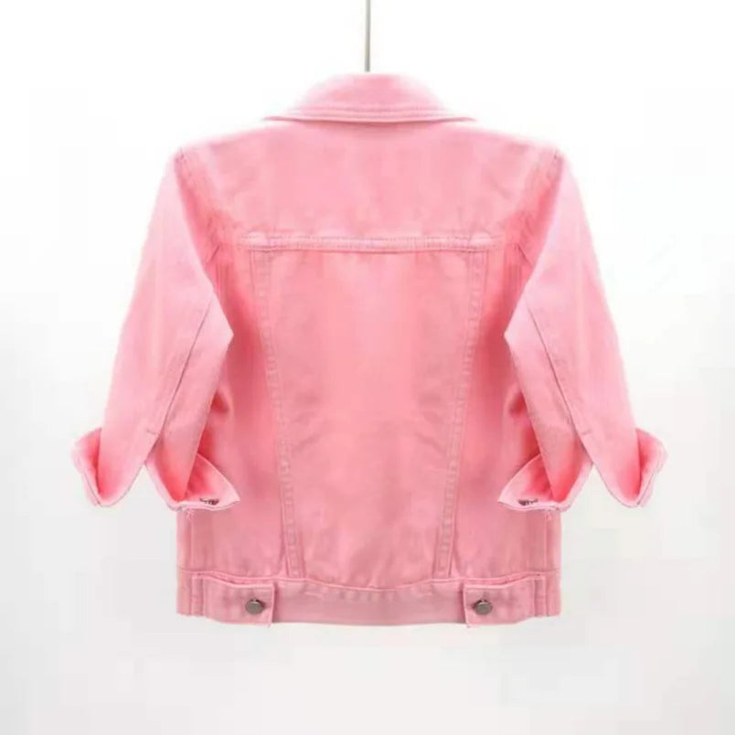 Women's Cropped Denim Jacket with Snap Buttons and Chest Pockets