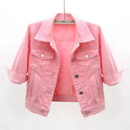Women's Cropped Denim Jacket with Snap Buttons and Chest Pockets