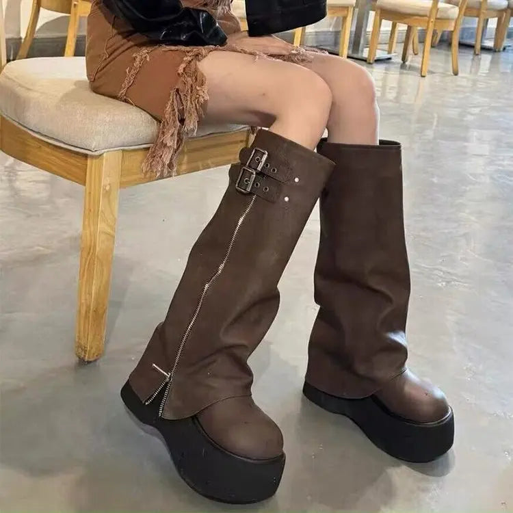 Boots Knee High Platform Slouch Women's with Buckle Straps & Front Zipper