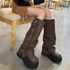 Boots Knee High Platform Slouch Women's with Buckle Straps & Front Zipper