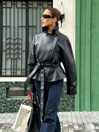 Women's Oversized Moto Jacket with Belt and Asymmetric Zip