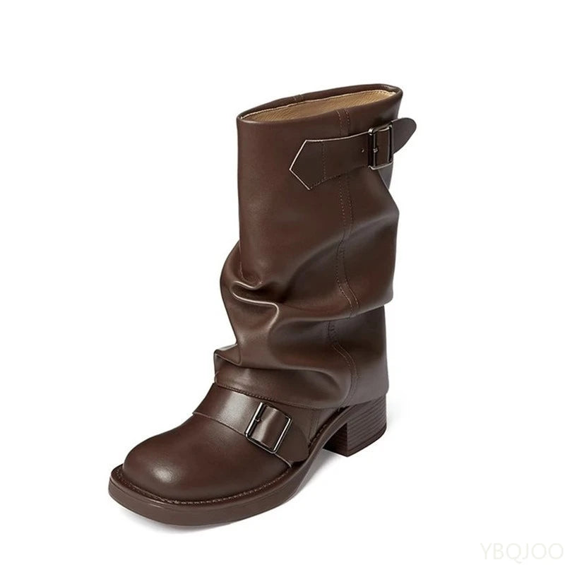 Women's Knee High Boots with Slouchy Shaft and Double Buckle Straps