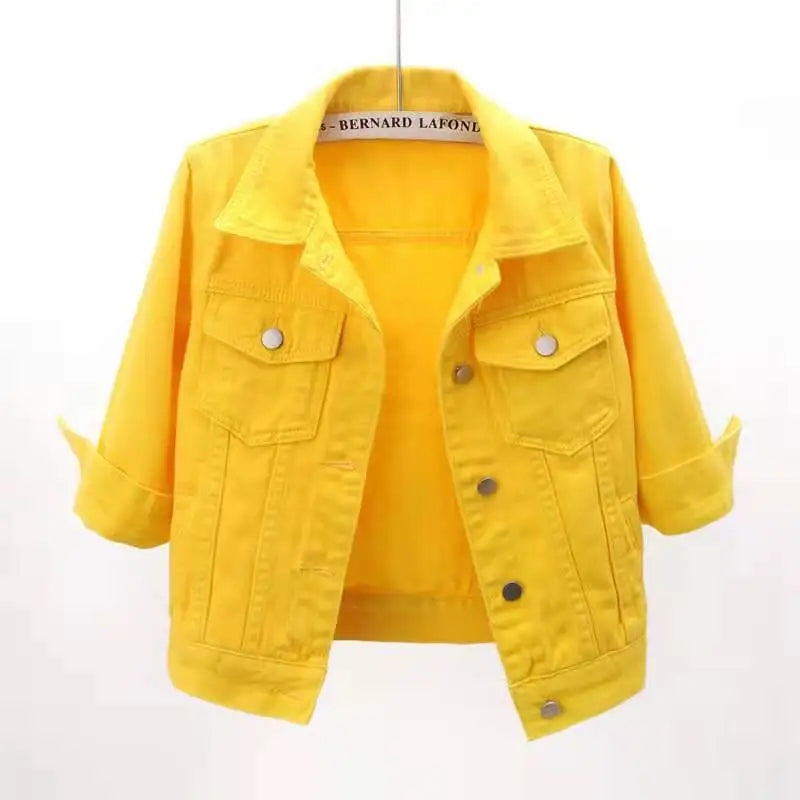 Women's Cropped Denim Jacket with Snap Buttons and Chest Pockets