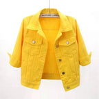 Women's Cropped Denim Jacket with Snap Buttons and Chest Pockets