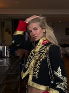 Military-Style Hussar Cropped Jacket with Gold Braided Frog Closures
