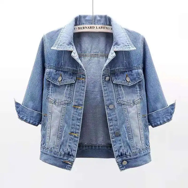 Women's Cropped Denim Jacket with Snap Buttons and Chest Pockets