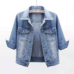 Women's Cropped Denim Jacket with Snap Buttons and Chest Pockets