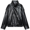 Front flat lay of the black oversized cropped moto jacket showing the asymmetric placket, epaulette straps and elasticated hem