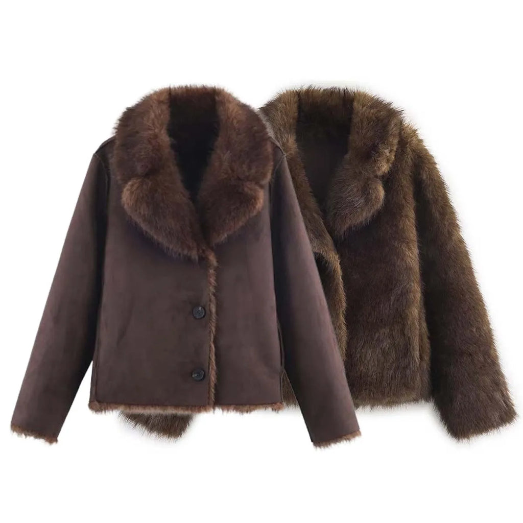 Front and reverse views of the reversible faux fur jacket laid flat, showing the smooth dark brown suede-like side and the full faux fur exterior side side by side