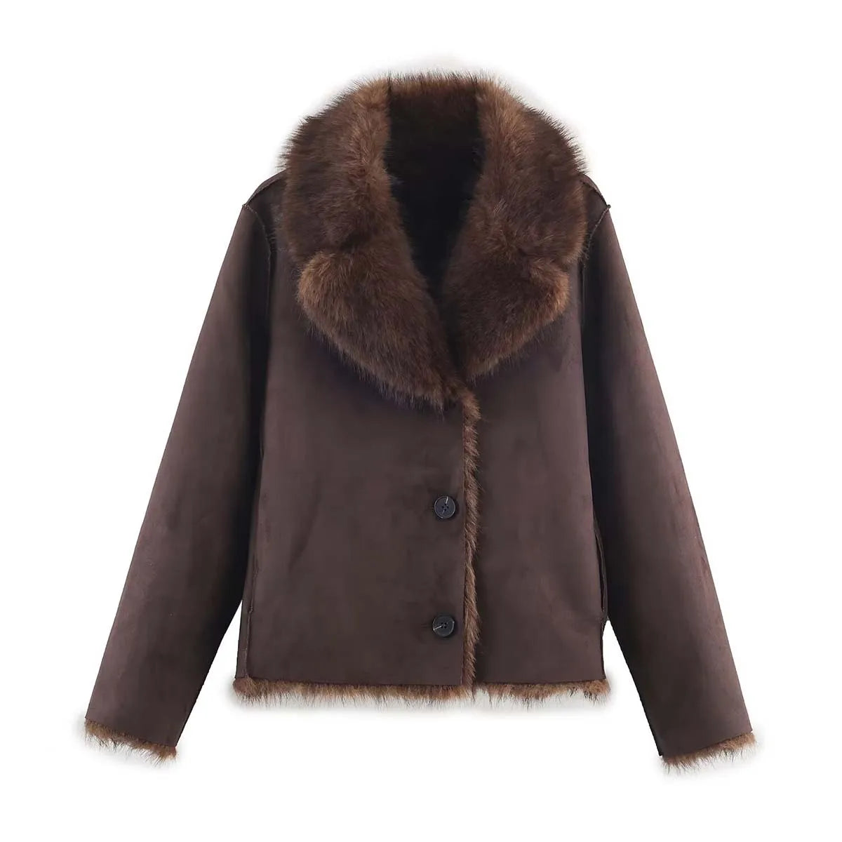 Front flat lay of the jacket showing the smooth dark brown suede-like exterior, oversized faux fur lapel collar, three-button closure and faux fur hem trim