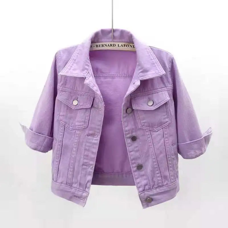 Women's Cropped Denim Jacket with Snap Buttons and Chest Pockets