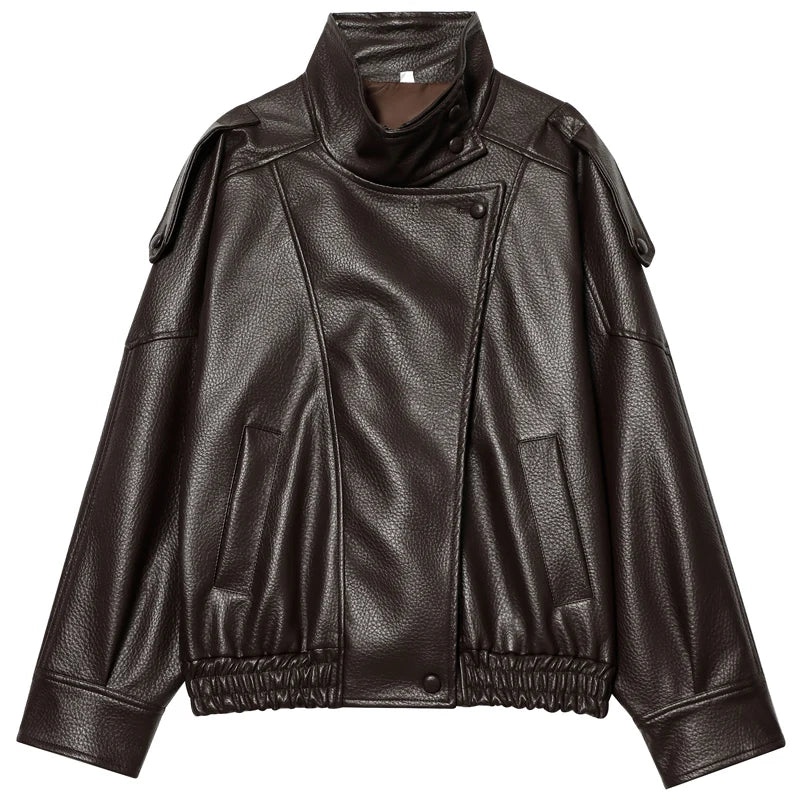Oversized Cropped Moto Jackets for Women – Stand Collar with Elasticated Hem