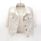Women's Cropped Denim Jacket with Snap Buttons and Chest Pockets