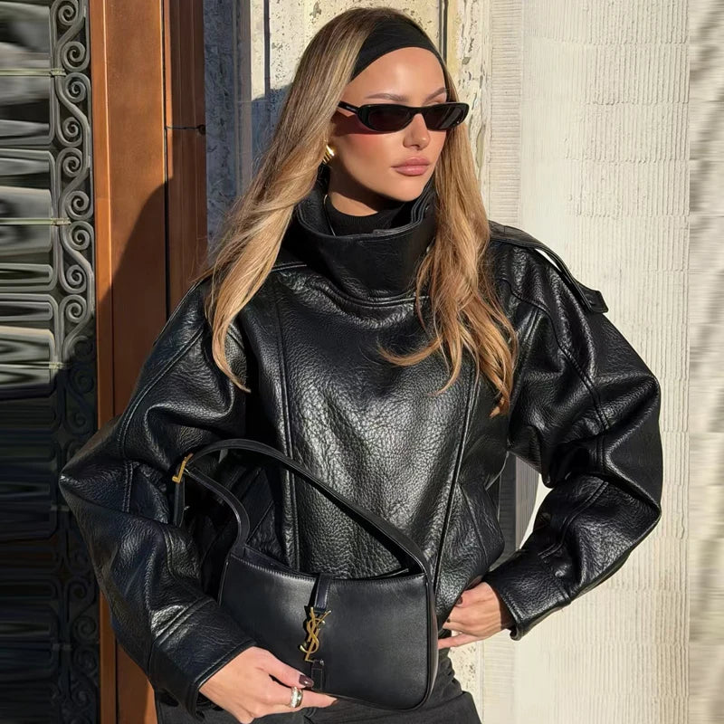 Oversized Cropped Moto Jackets for Women – Stand Collar with Elasticated Hem