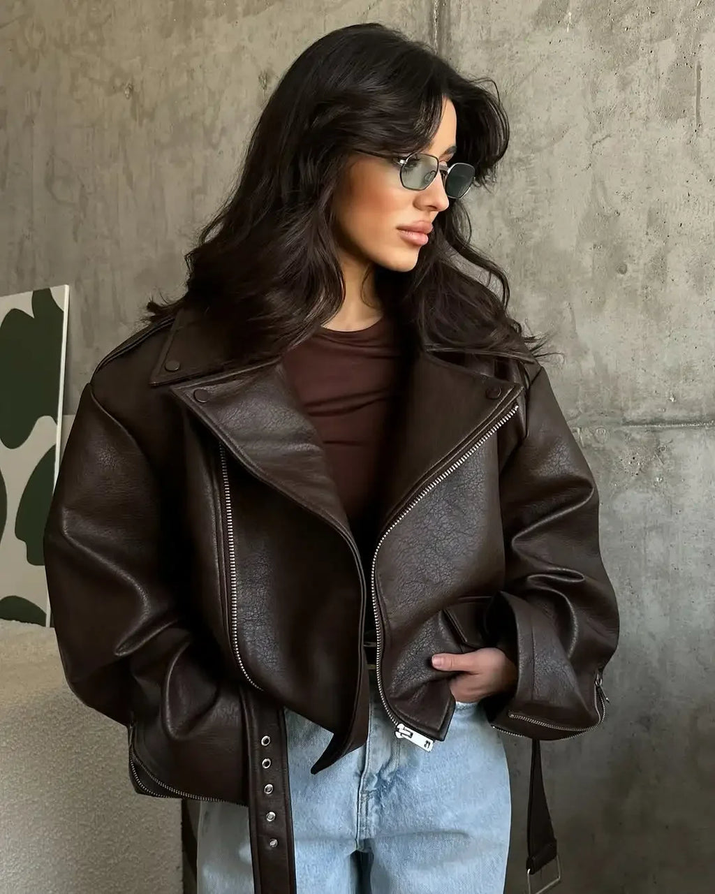 Women's Oversized Moto Jacket with Belt and Asymmetric Zip
