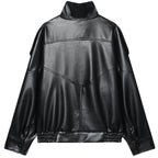 Back flat lay of the black oversized cropped moto jacket showing geometric topstitched seam panels and ruched elasticated hem