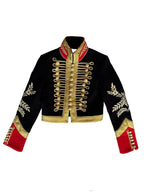 Military-Style Hussar Cropped Jacket with Gold Braided Frog Closures