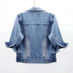 Women's Cropped Denim Jacket with Snap Buttons and Chest Pockets