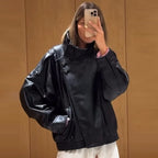 Oversized Cropped Moto Jackets for Women – Stand Collar with Elasticated Hem