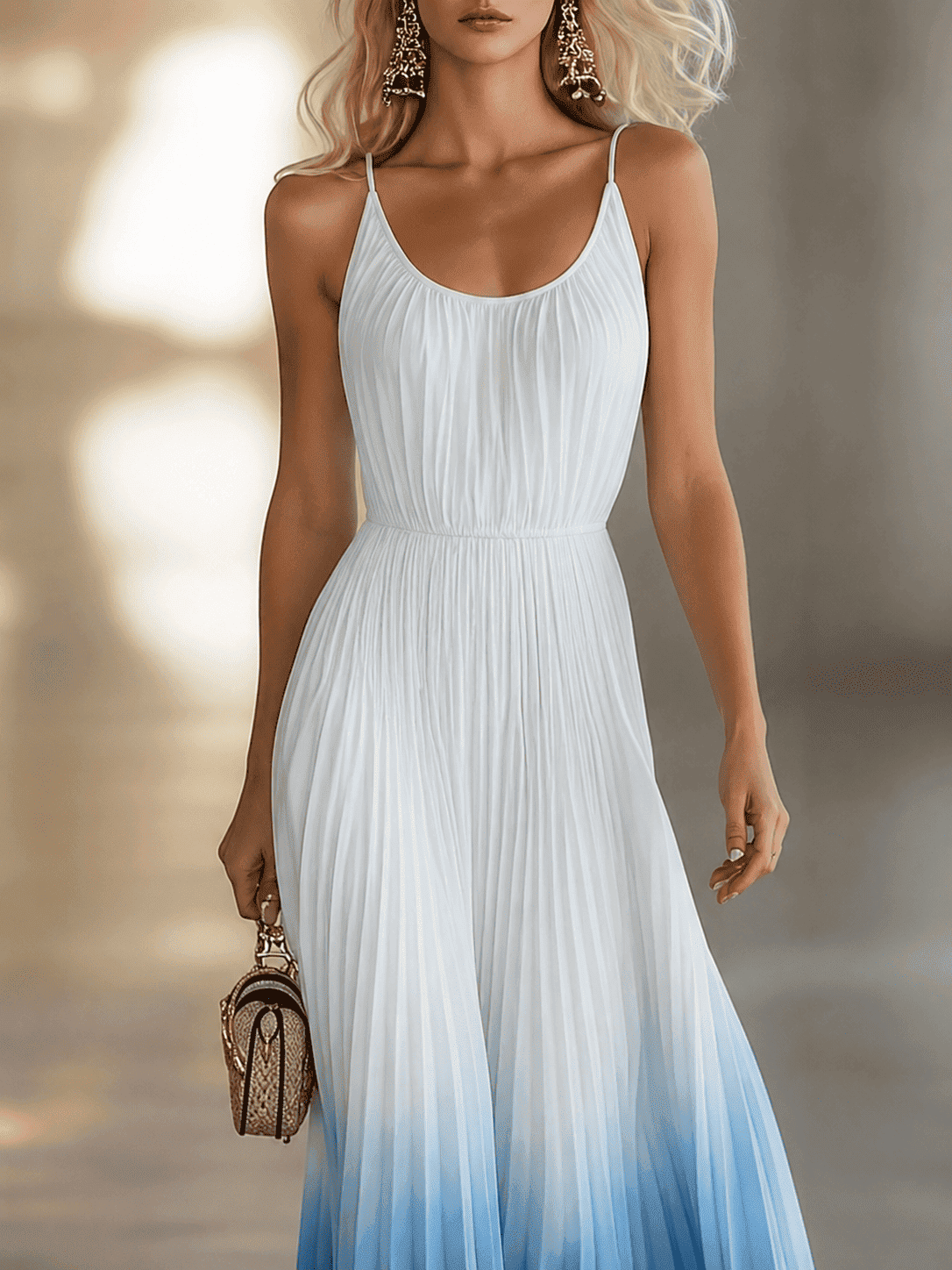 Women's Elegant Pleated Long Dress Chiffon V-Neck Wedding Guest Formal Party Summer Dress – Blue Gradient White