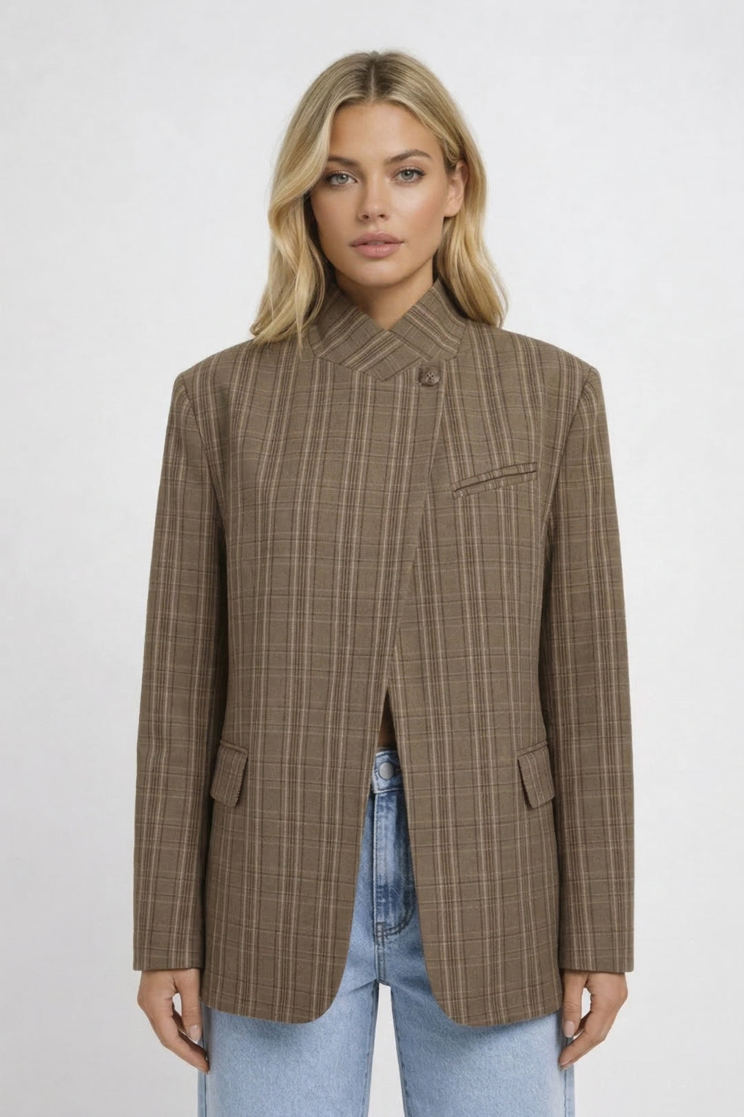 Women's Oversized Checkered Blazer with Stand-Up Collar Casual
